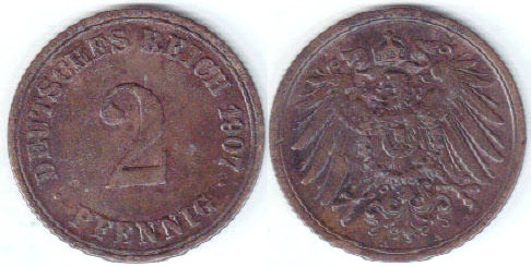 1907 A Germany 2 Pfennig A002885